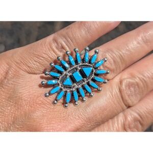 Zuni Ring Turquoise Cluster Pueblo Native American Handmade Jewelry sz 7.5 ***‎